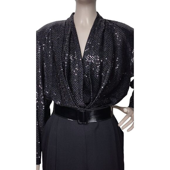 Vintage 80s Black High Shoulder Draped Deep V-Neck Sparkly Sequined Jumpsuit - Picture 7 of 10